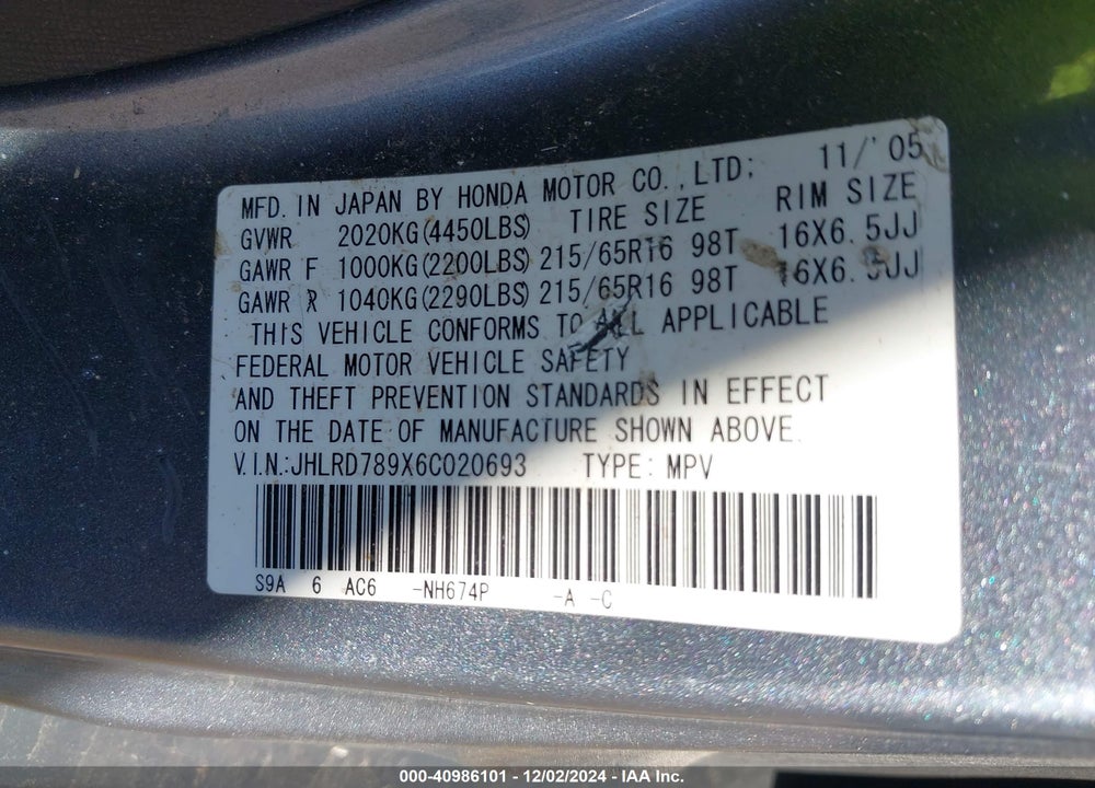 2006 HONDA CR-V SE VIN: JHLRD789X6C020693