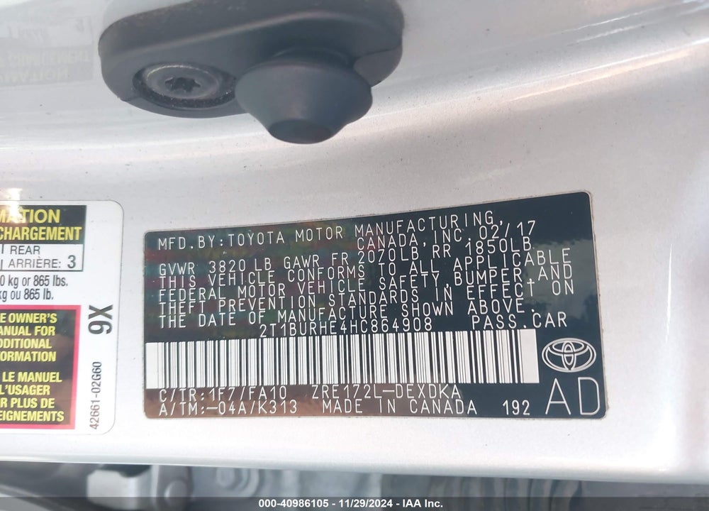 2017 TOYOTA COROLLA L VIN: 2T1BURHE4HC864908