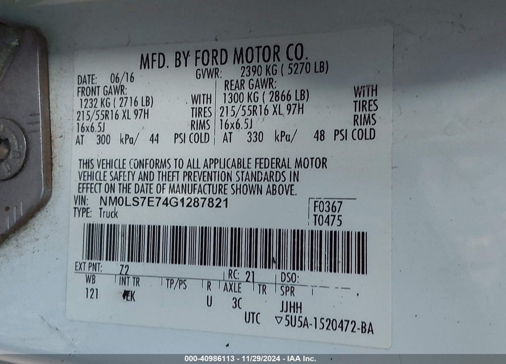 2016 FORD TRANSIT CONNECT XL VIN: NM0LS7E74G1287821