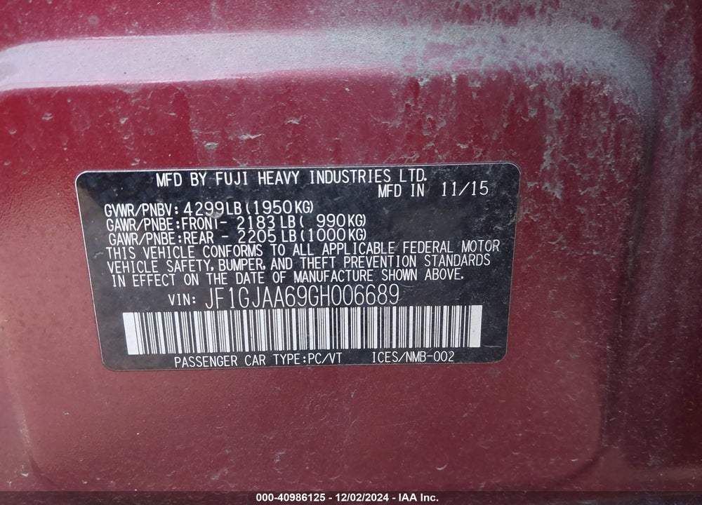 2016 SUBARU IMPREZA 2.0I VIN: JF1GJAA69GH006689