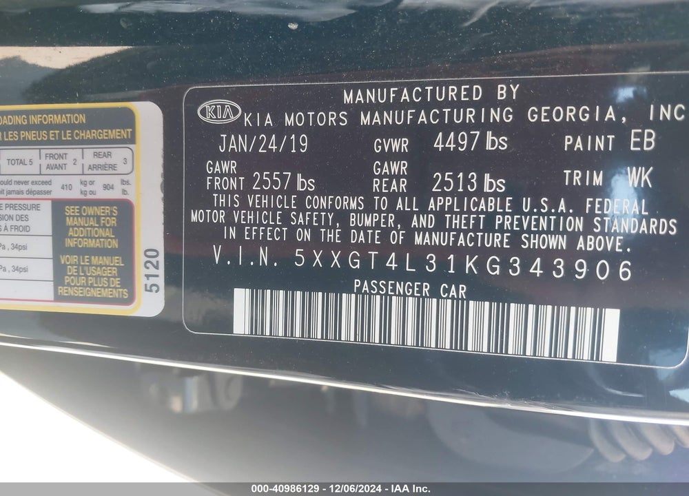 2019 KIA OPTIMA LX VIN: 5XXGT4L31KG343906