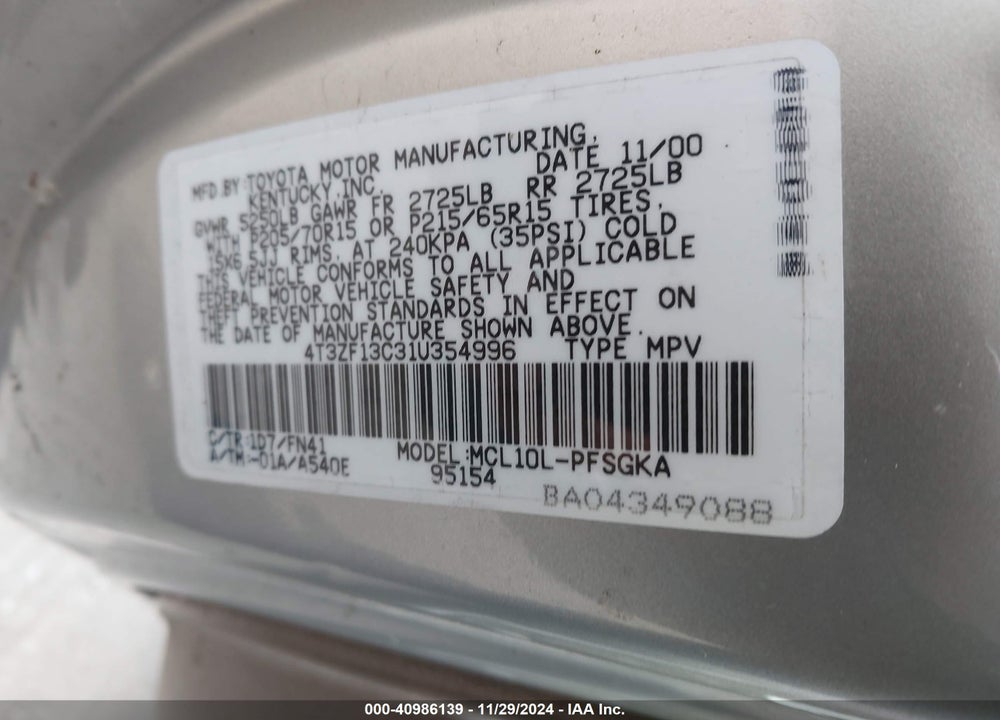 2001 TOYOTA SIENNA LE VIN: 4T3ZF13C31U354996