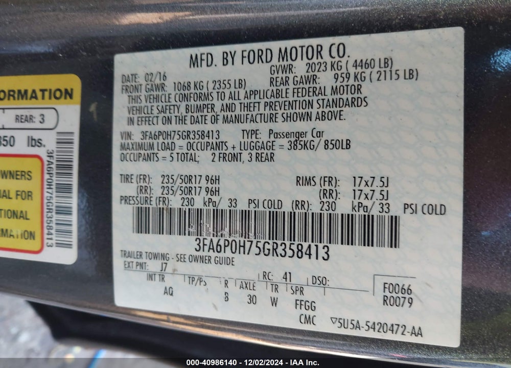 2016 FORD FUSION SE VIN: 3FA6P0H75GR358413