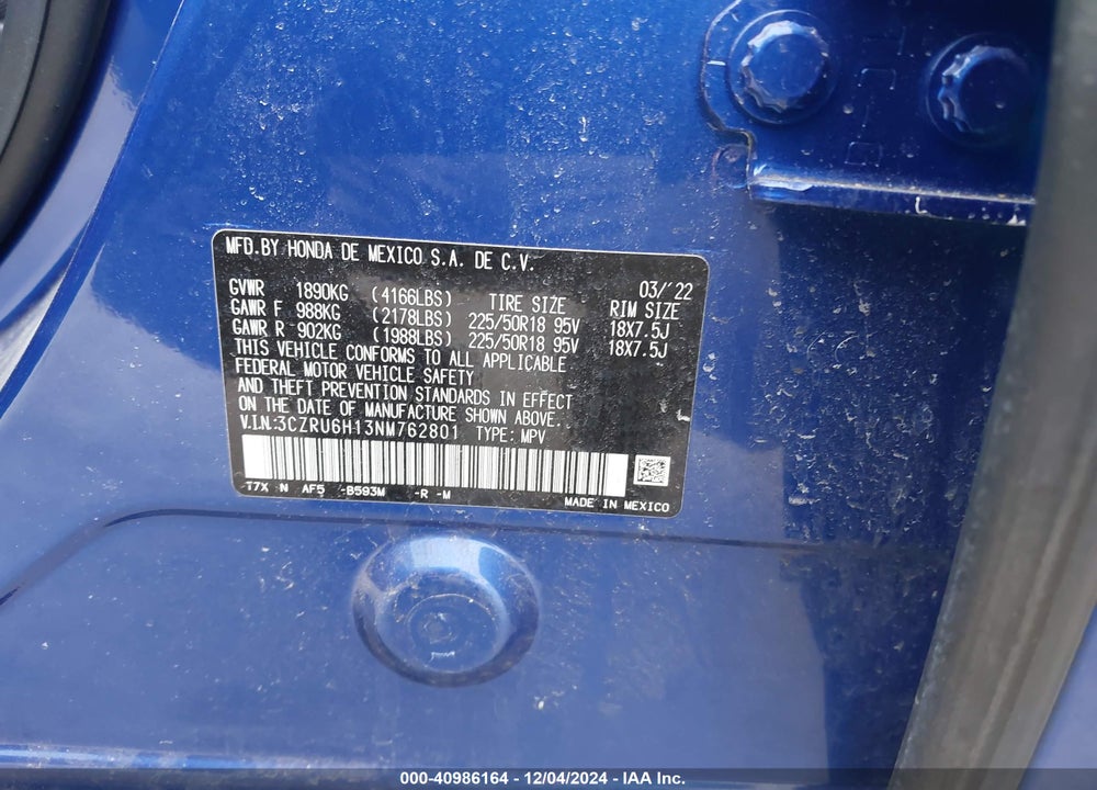 2022 HONDA HR-V AWD SPORT VIN: 3CZRU6H13NM762801