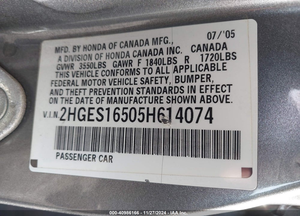 2005 HONDA CIVIC LX VIN: 2HGES16505H614074