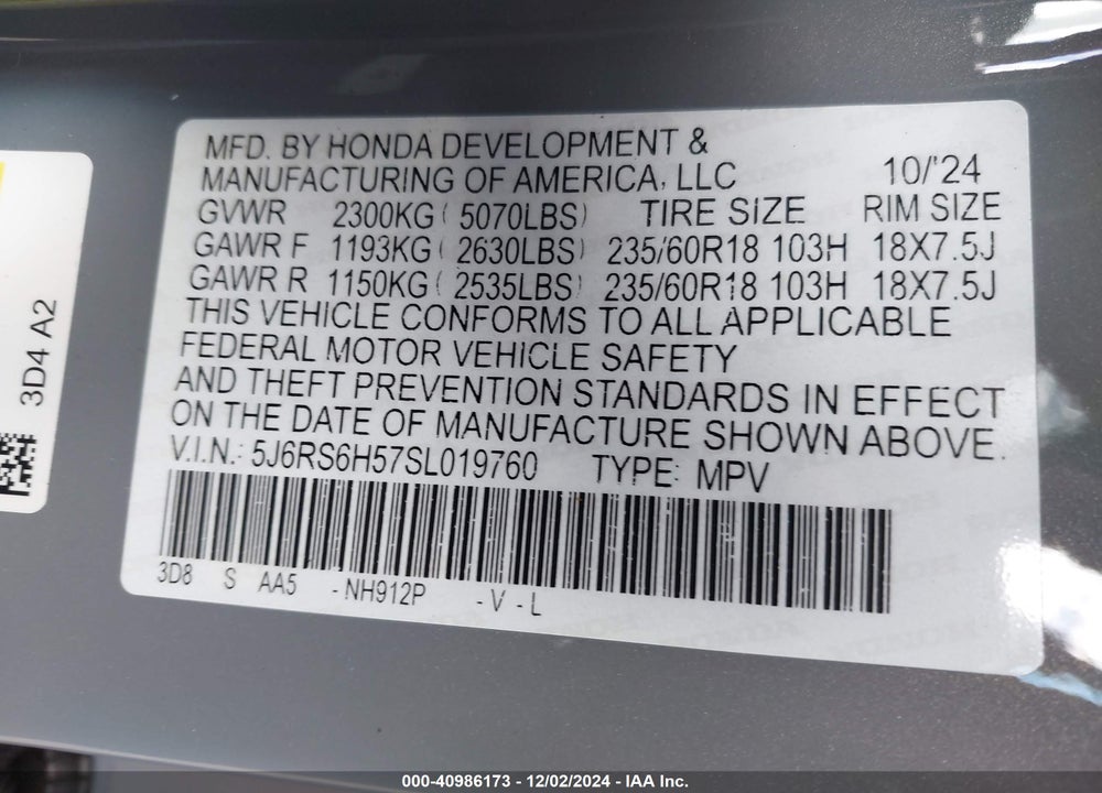 2025 HONDA CR-V HYBRID SPORT VIN: 5J6RS6H57SL019760