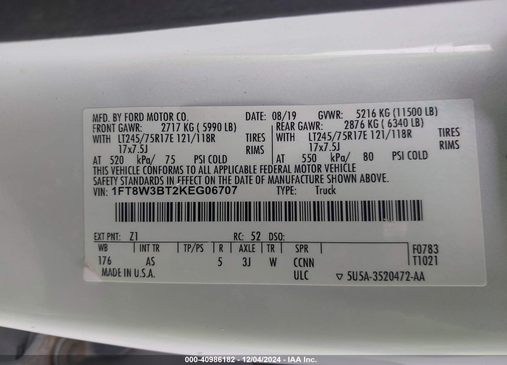 2019 FORD F-350 XL VIN: 1FT8W3BT2KEG06707