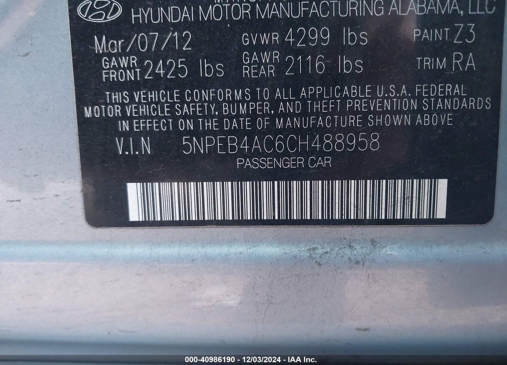 2012 HYUNDAI SONATA GLS VIN: 5NPEB4AC6CH488958