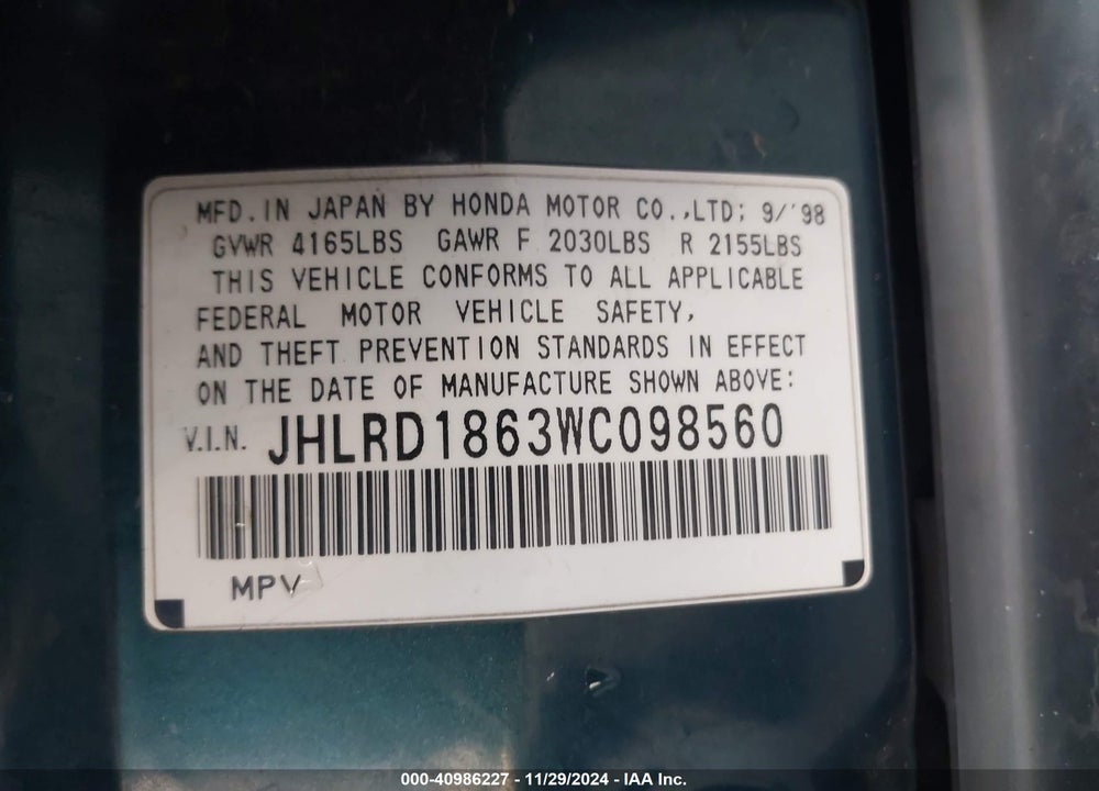 1998 HONDA CR-V EX VIN: JHLRD1863WC098560