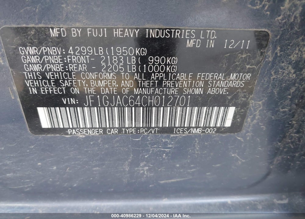 2012 SUBARU IMPREZA 2.0I PREMIUM VIN: JF1GJAC64CH012701