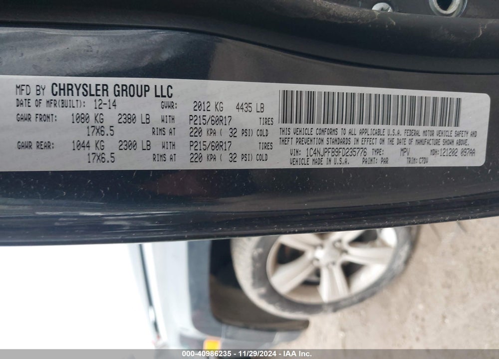 2015 JEEP PATRIOT LATITUDE VIN: 1C4NJPFB9FD235776