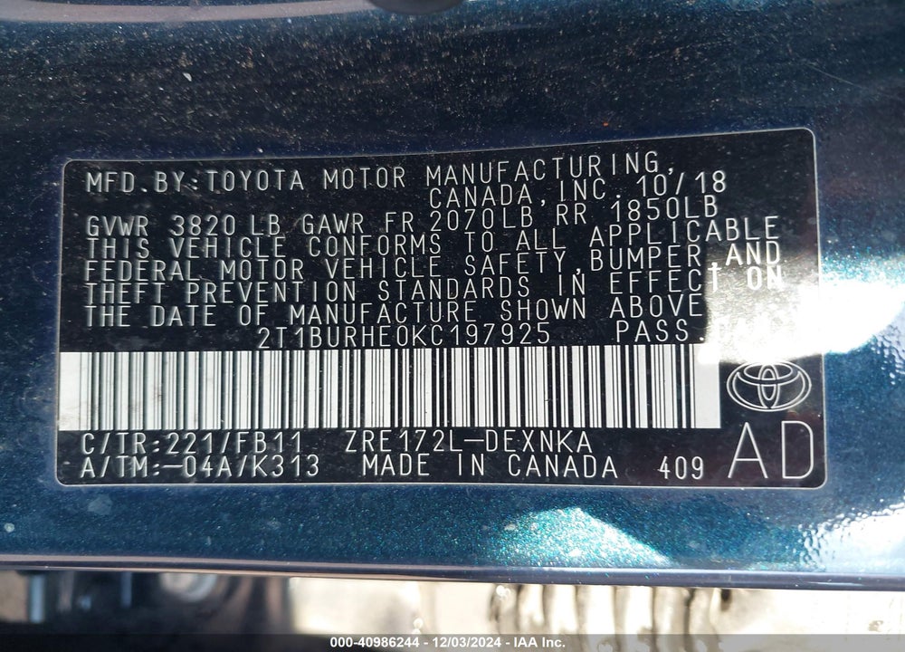 2019 TOYOTA COROLLA VIN: 2T1BURHE0KC197925