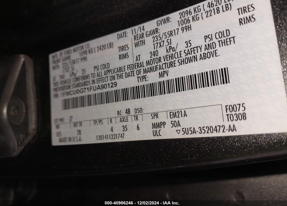 2015 FORD ESCAPE SE VIN: 1FMCU0G71FUA90129