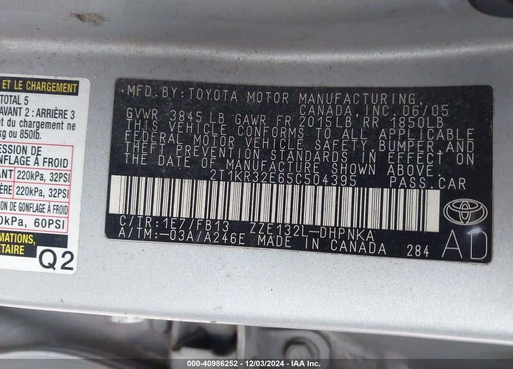 2005 TOYOTA MATRIX/XR VIN: 2T1KR32E65C504395