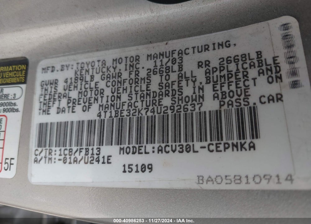 2004 TOYOTA CAMRY LE VIN: 4T1BE32K74U292637