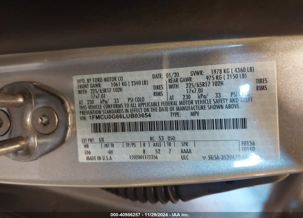 2020 FORD ESCAPE SE VIN: 1FMCU0G66LUB03654