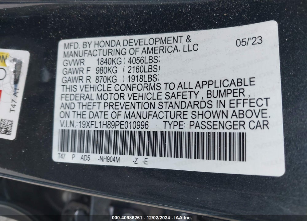2023 HONDA CIVIC SPORT TOURING VIN: 19XFL1H89PE010996