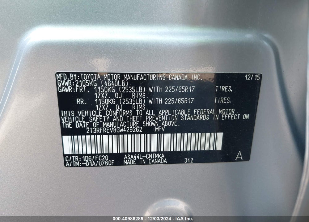 2016 TOYOTA RAV4 XLE VIN: 2T3RFREV8GW429262