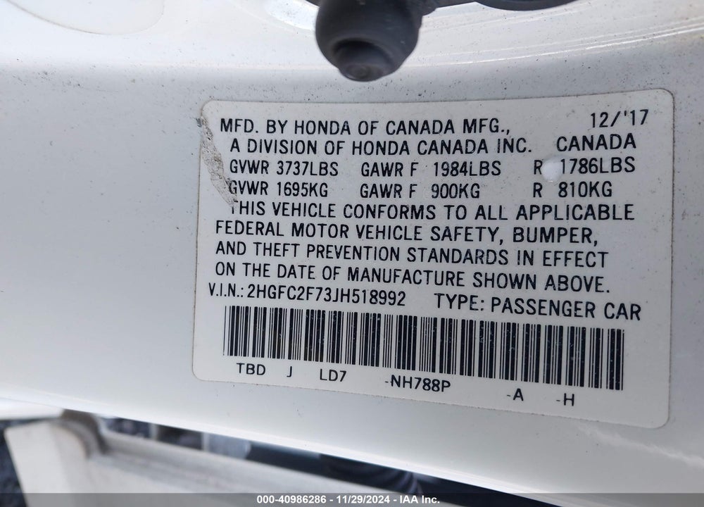 2018 HONDA CIVIC EX VIN: 2HGFC2F73JH518992