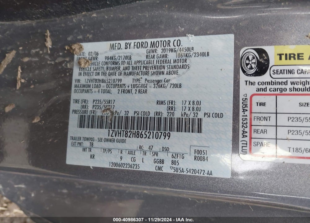 2006 FORD MUSTANG GT VIN: 1ZVHT82H865210799