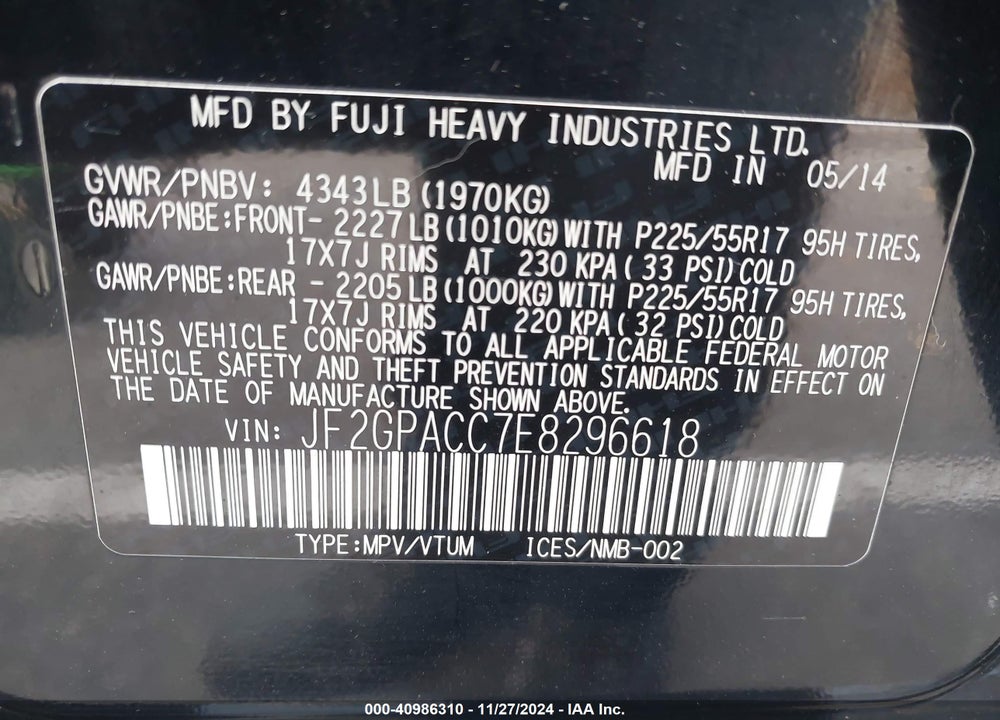 2014 SUBARU XV CROSSTREK 2.0I PREMIUM VIN: JF2GPACC7E8296618