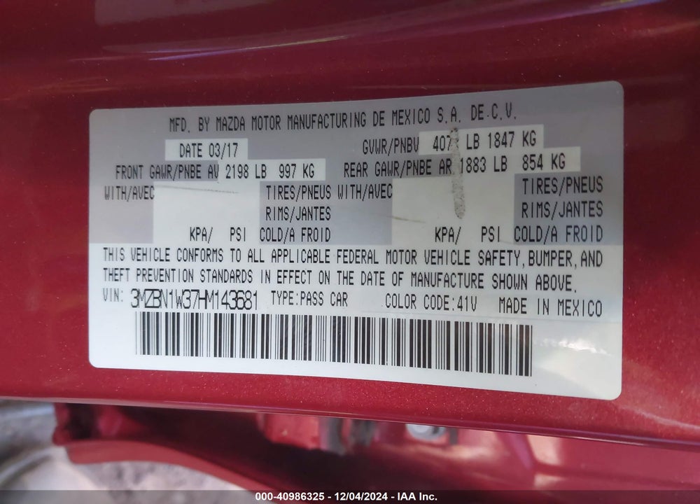 2017 MAZDA 3 GRAND TOURING VIN: 3MZBN1W37HM143681