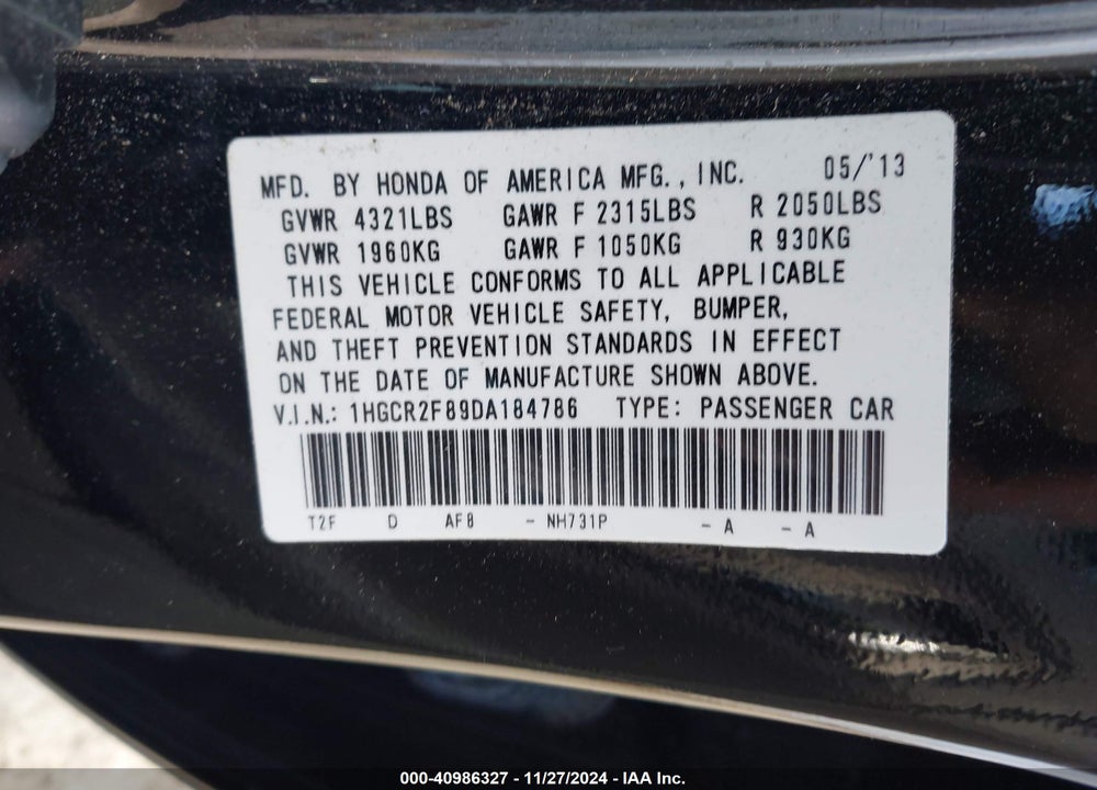 2013 HONDA ACCORD EX-L VIN: 1HGCR2F89DA184786
