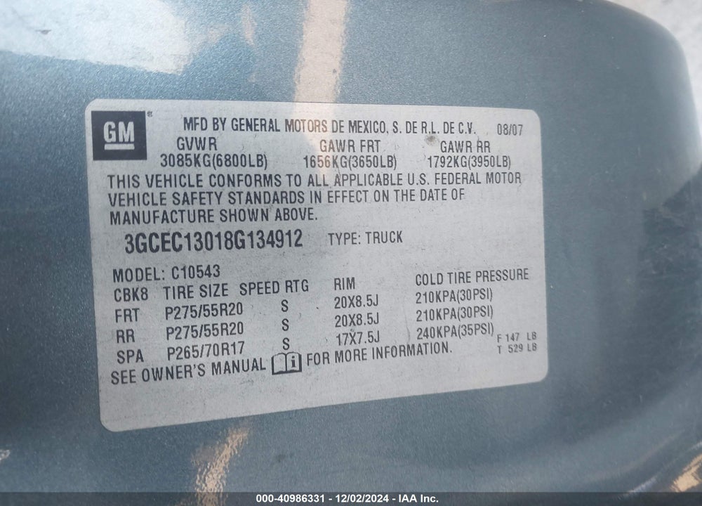 2008 CHEVROLET SILVERADO 1500 LT1 VIN: 3GCEC13018G134912