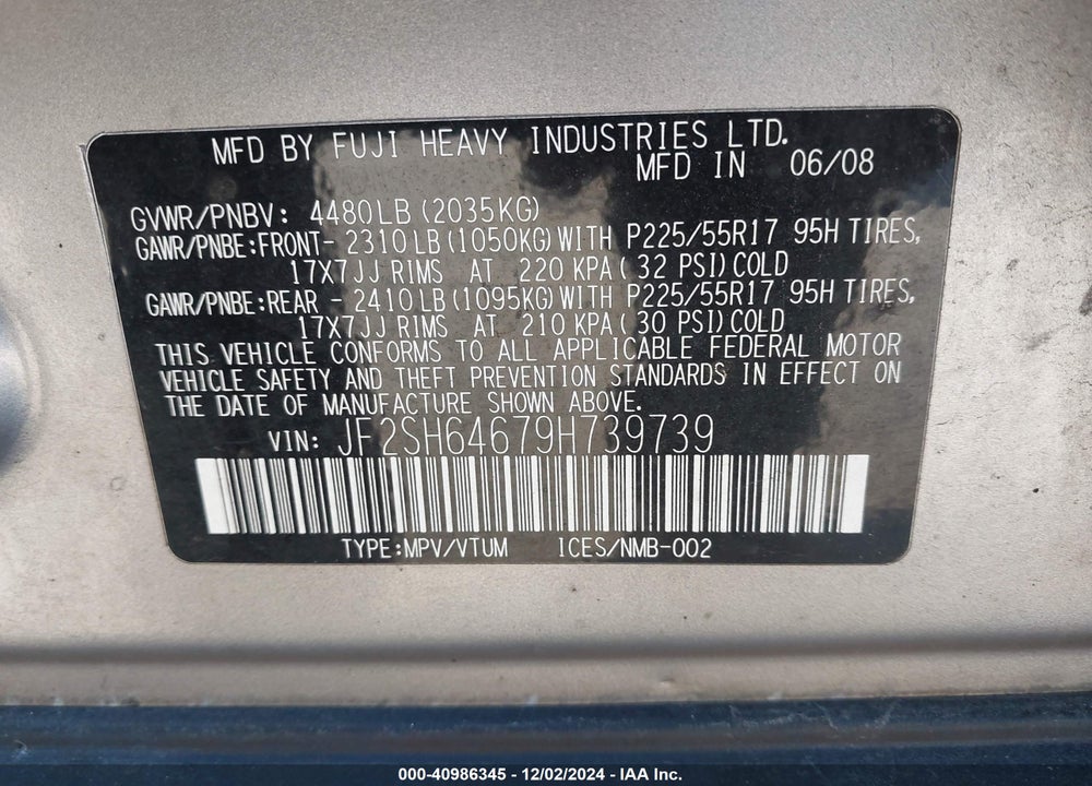 2009 SUBARU FORESTER (NATL) X LIMITED VIN: JF2SH64679H739739