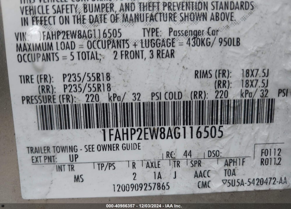 2010 FORD TAURUS SEL VIN: 1FAHP2EW8AG116505