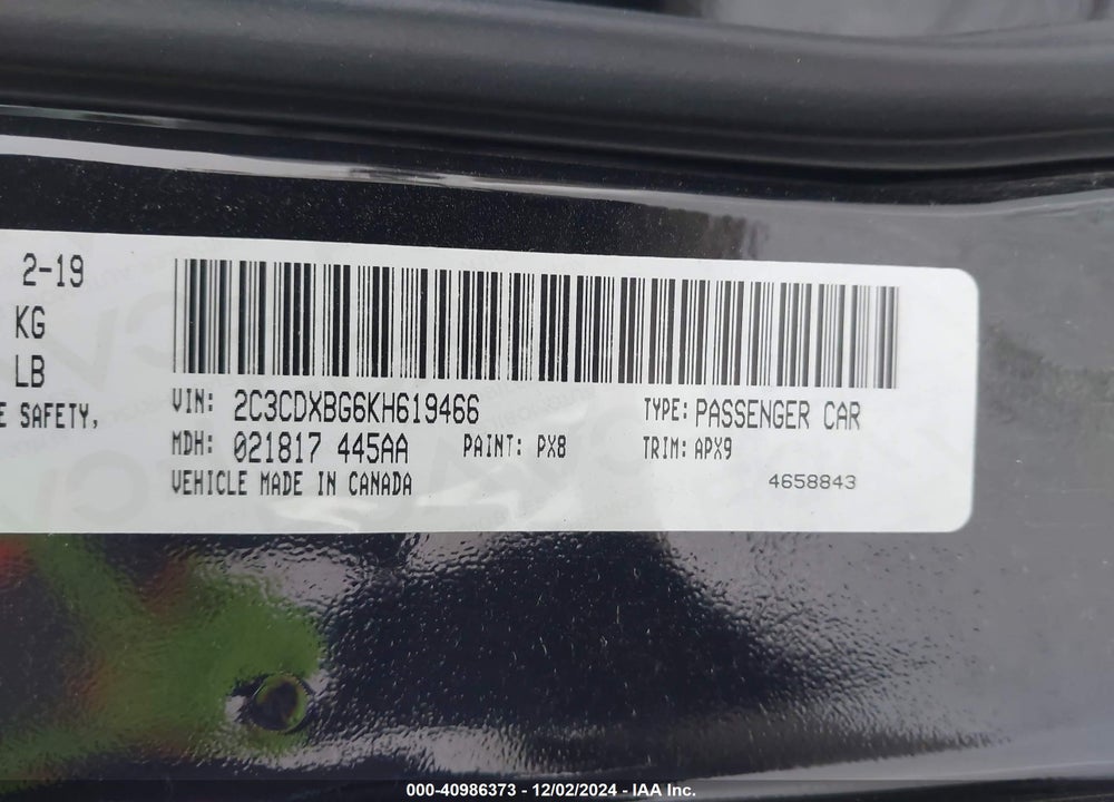 2019 DODGE CHARGER SXT RWD VIN: 2C3CDXBG6KH619466