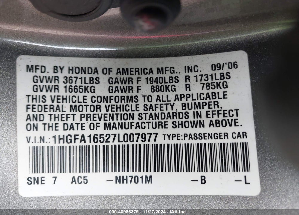 2007 HONDA CIVIC LX VIN: 1HGFA16527L007977