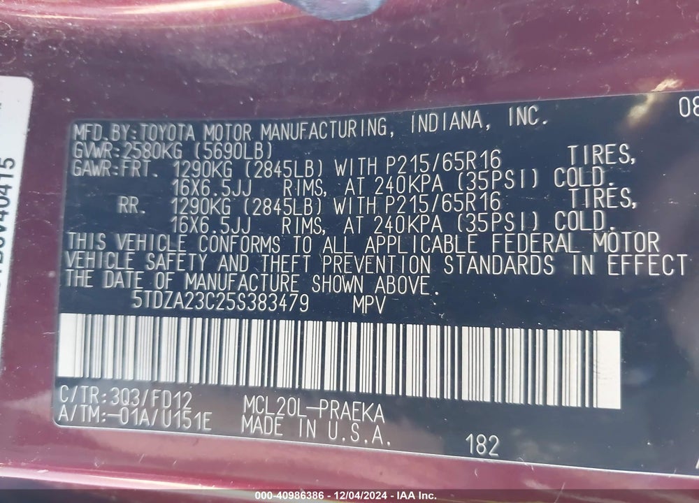 2005 TOYOTA SIENNA CE VIN: 5TDZA23C25S383479