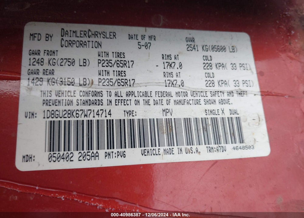 2007 DODGE NITRO SXT VIN: 1D8GU28K67W714714