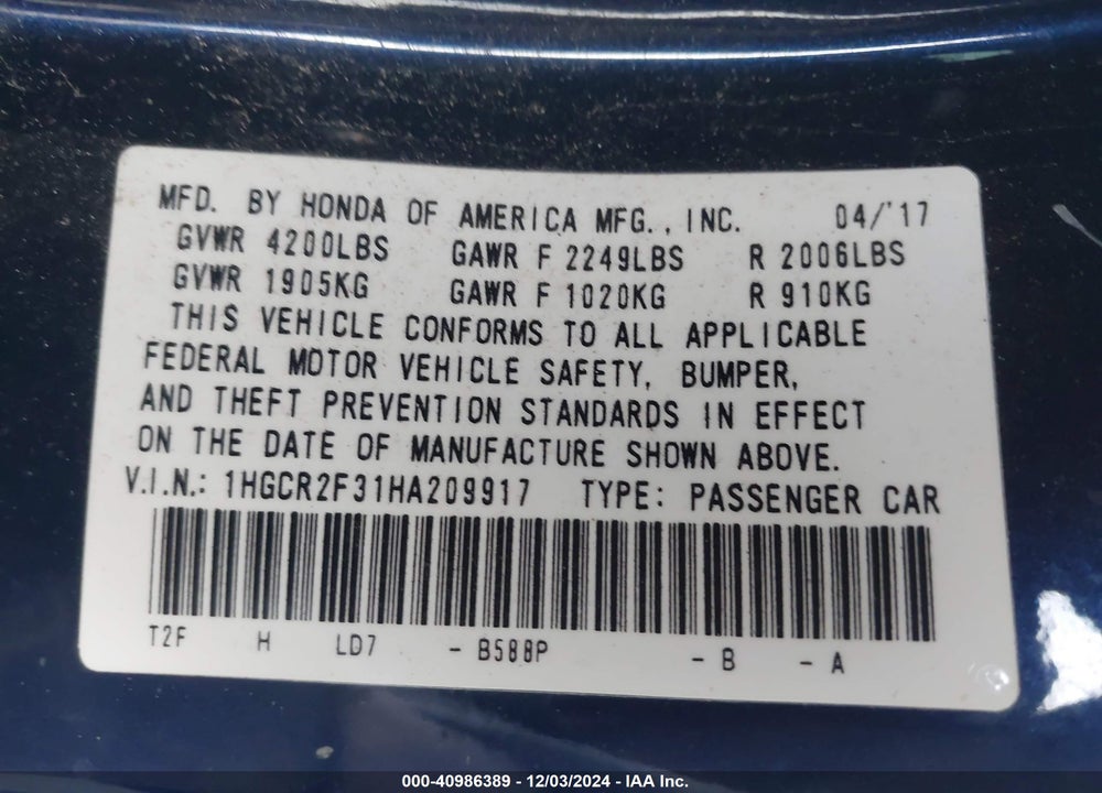2017 HONDA ACCORD VIN: 1HGCR2F31HA209917