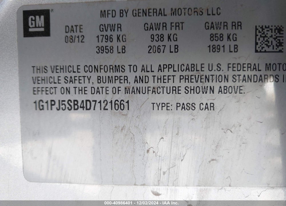 2013 CHEVROLET CRUZE VIN: 1G1PJ5SB4D7121661