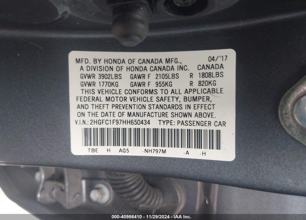 2017 HONDA CIVIC TOURING VIN: 2HGFC1F97HH650434