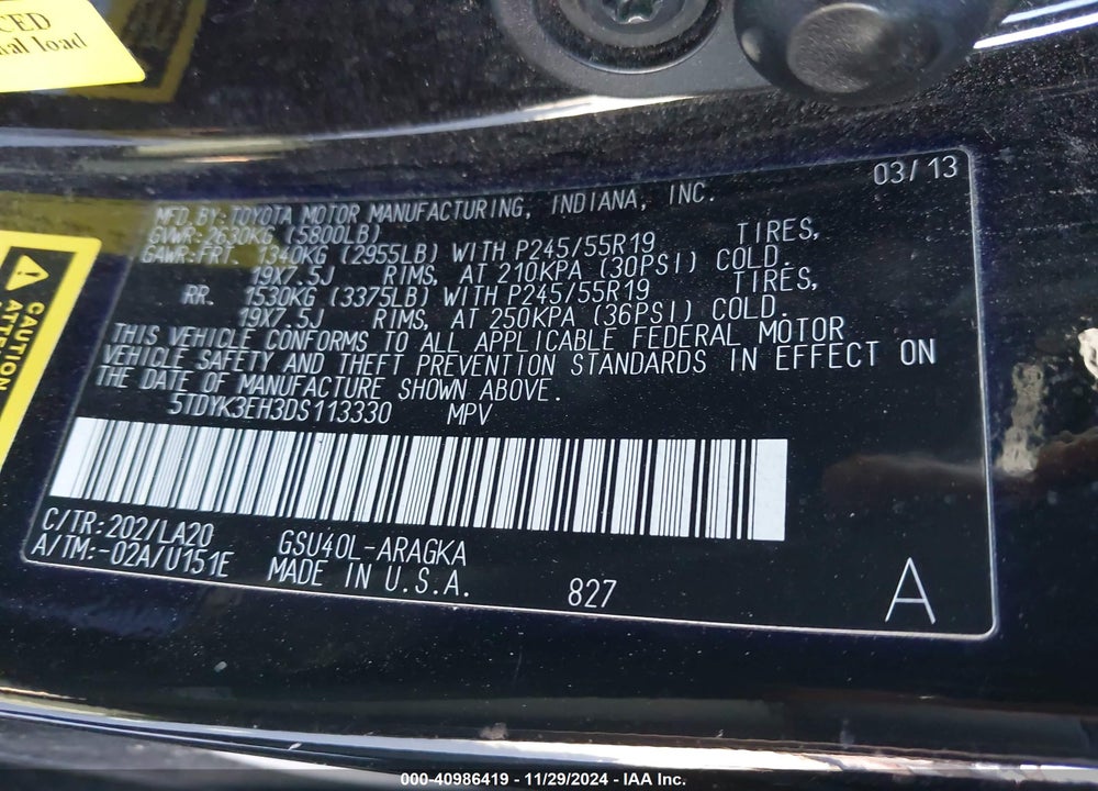 2013 TOYOTA HIGHLANDER LIMITED V6 VIN: 5TDYK3EH3DS113330