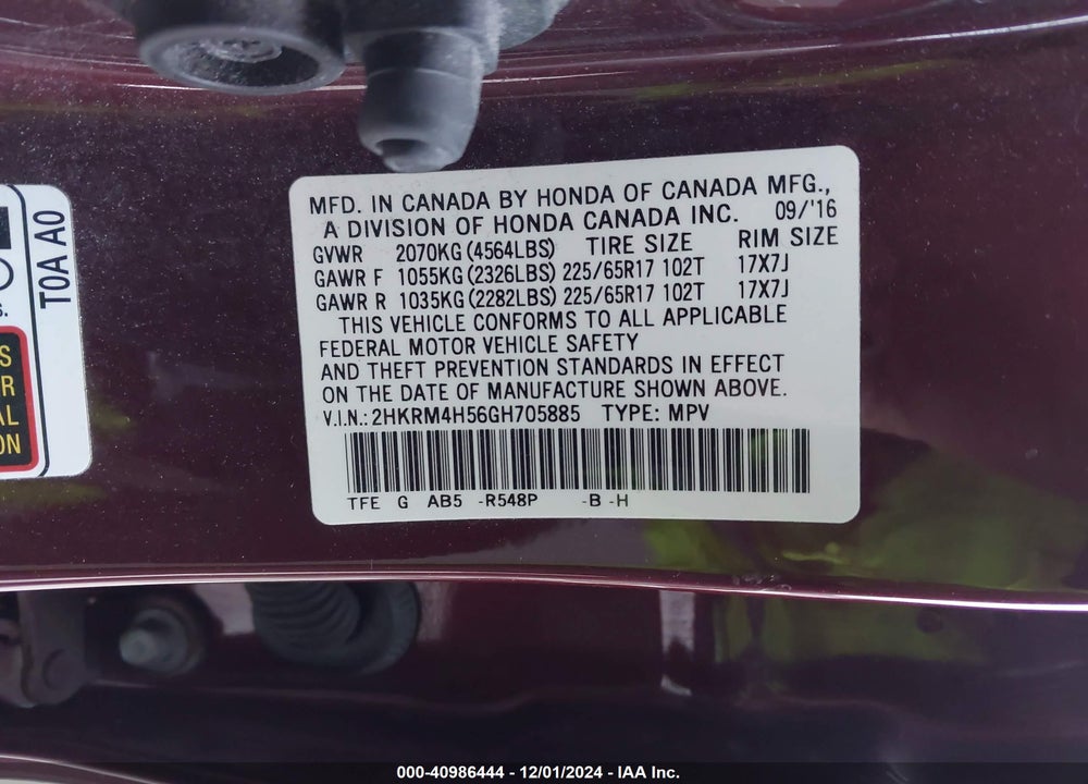2016 HONDA CR-V EX VIN: 2HKRM4H56GH705885