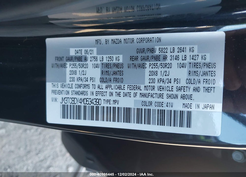 2021 MAZDA CX-9 GRAND TOURING VIN: JM3TCBDY4M0534390