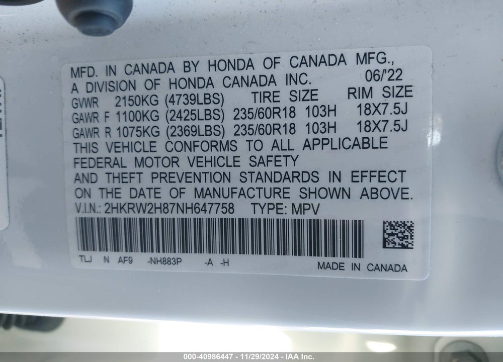 2022 HONDA CR-V AWD EX-L VIN: 2HKRW2H87NH647758