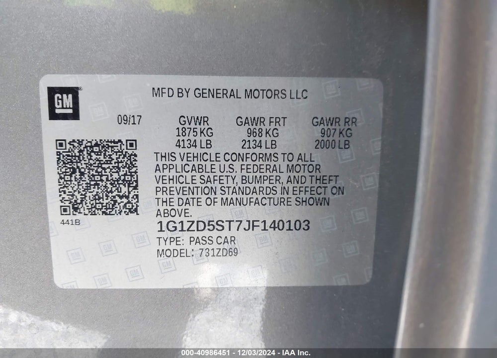 2018 CHEVROLET MALIBU LT VIN: 1G1ZD5ST7JF140103