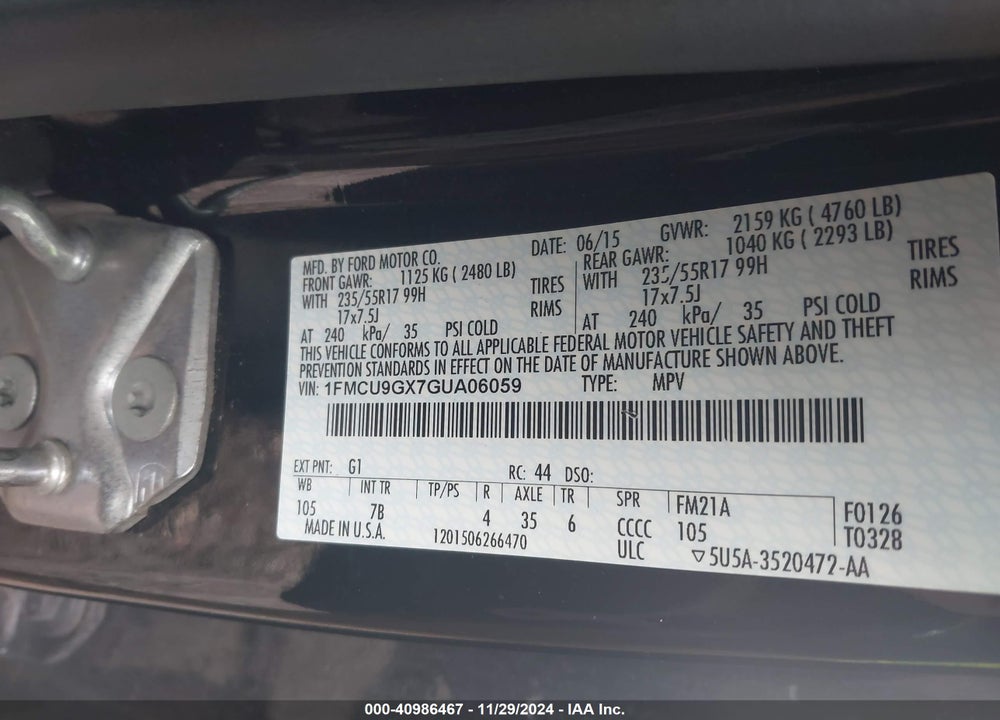 2016 FORD ESCAPE SE VIN: 1FMCU9GX7GUA06059