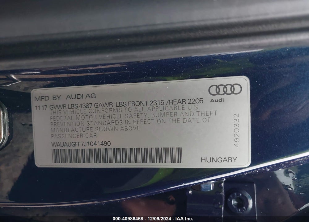 2018 AUDI A3 2.0T PREMIUM/2.0T TECH PREMIUM VIN: WAUAUGFF7J1041490