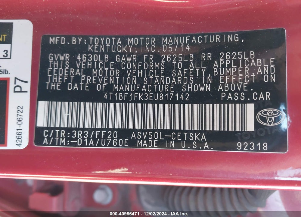 2014 TOYOTA CAMRY SE VIN: 4T1BF1FK3EU817142