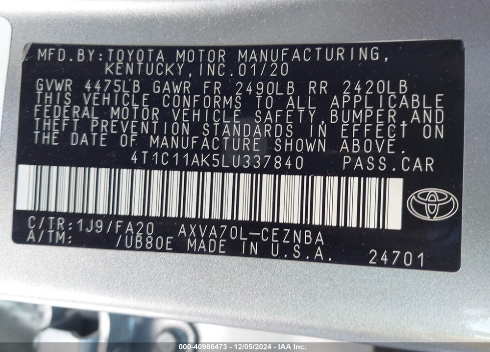 2020 TOYOTA CAMRY LE VIN: 4T1C11AK5LU337840