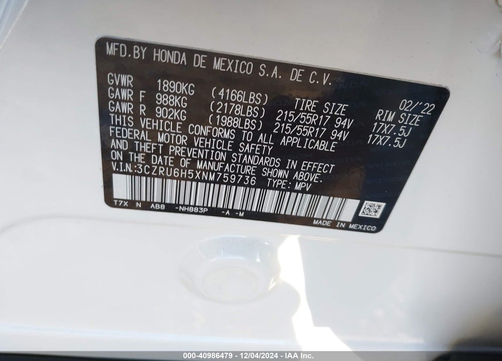 2022 HONDA HR-V AWD EX VIN: 3CZRU6H5XNM759736