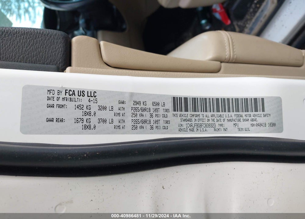 2015 JEEP GRAND CHEROKEE LIMITED VIN: 1C4RJFBG8FC839323