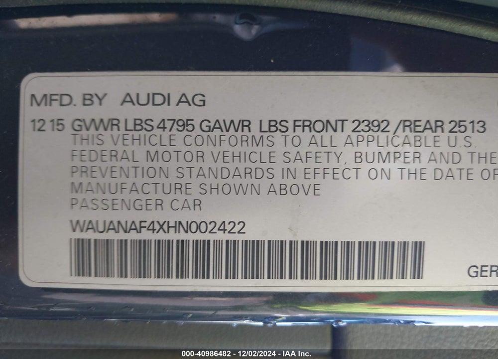 2017 AUDI A4 2.0T PREMIUM VIN: WAUANAF4XHN002422