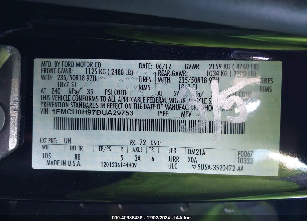 2013 FORD ESCAPE SEL VIN: 1FMCU0H97DUA29753